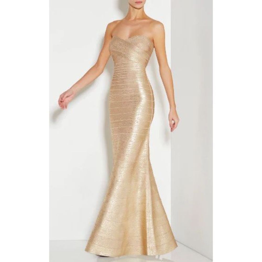 New Herve Leger Sara Fit n Flare Bandage Maxi Dress Gown Gold Foil XS $1799 - Picture 4 of 13